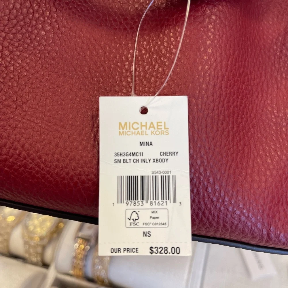 MICHAEL KORS Mina Small Chain Crossbody XBody Bag Belt Chain Inlay  Cherry  NWT